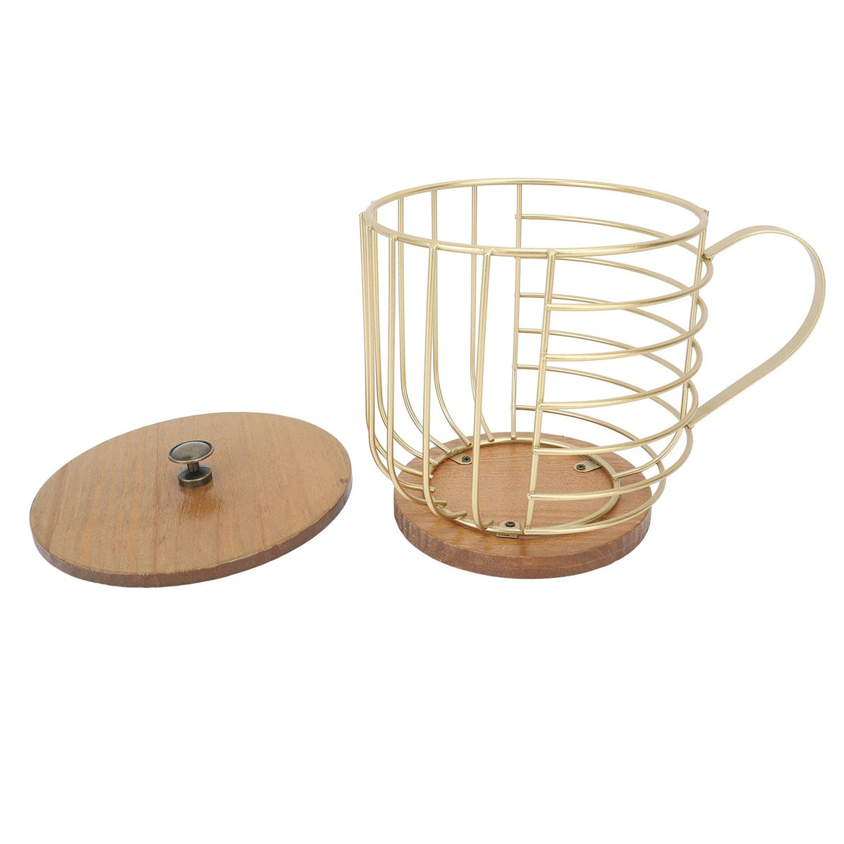Coffee Pod Holder Iron Large Capacity Space Saving Wooden Base Coffee Pods Storage Organizer for Home Coffee Bar Gold with Lid