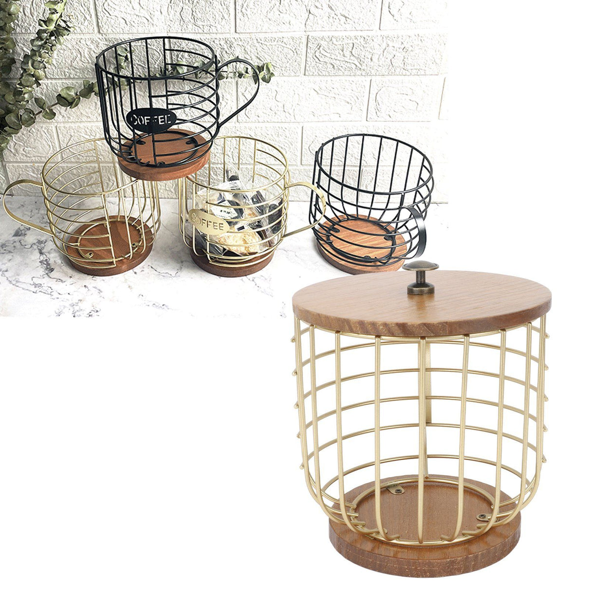 Coffee Pod Holder Iron Large Capacity Space Saving Wooden Base Coffee Pods Storage Organizer for Home Coffee Bar Gold with Lid