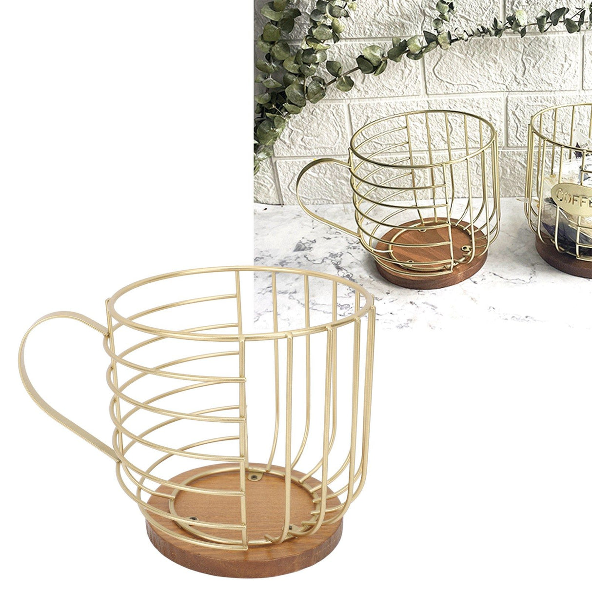Coffee Pod Holder Iron Large Capacity Space Saving Wooden Base Coffee Pods Storage Organizer for Home Coffee Bar Gold with Lid