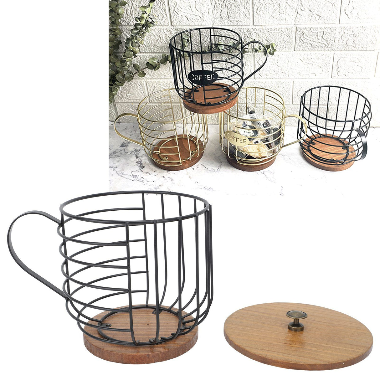 Coffee Pod Holder Iron Large Capacity Space Saving Wooden Base Coffee Pods Storage Organizer for Home Coffee Bar Black with Lid