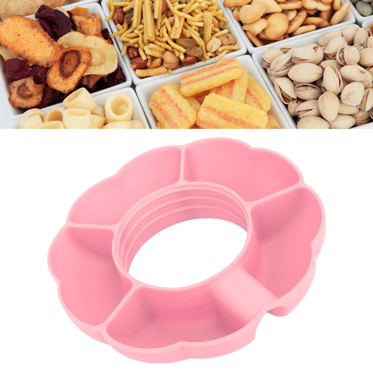 5 Grid Silicone Divided Serving Tray Snack Divider Divided Container Round Serving Platter for 40oz Cup Pink