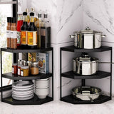 Kitchen Small Corner Shelf Rack Fan Shaped Space Saving Stable Carbon Steel Cookware Stand for Pots Pans 3 Layer Black 27x27x45.5cm