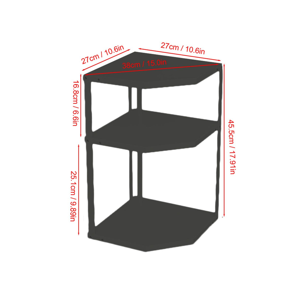 Kitchen Small Corner Shelf Rack Fan Shaped Space Saving Stable Carbon Steel Cookware Stand for Pots Pans 3 Layer Black 27x27x45.5cm