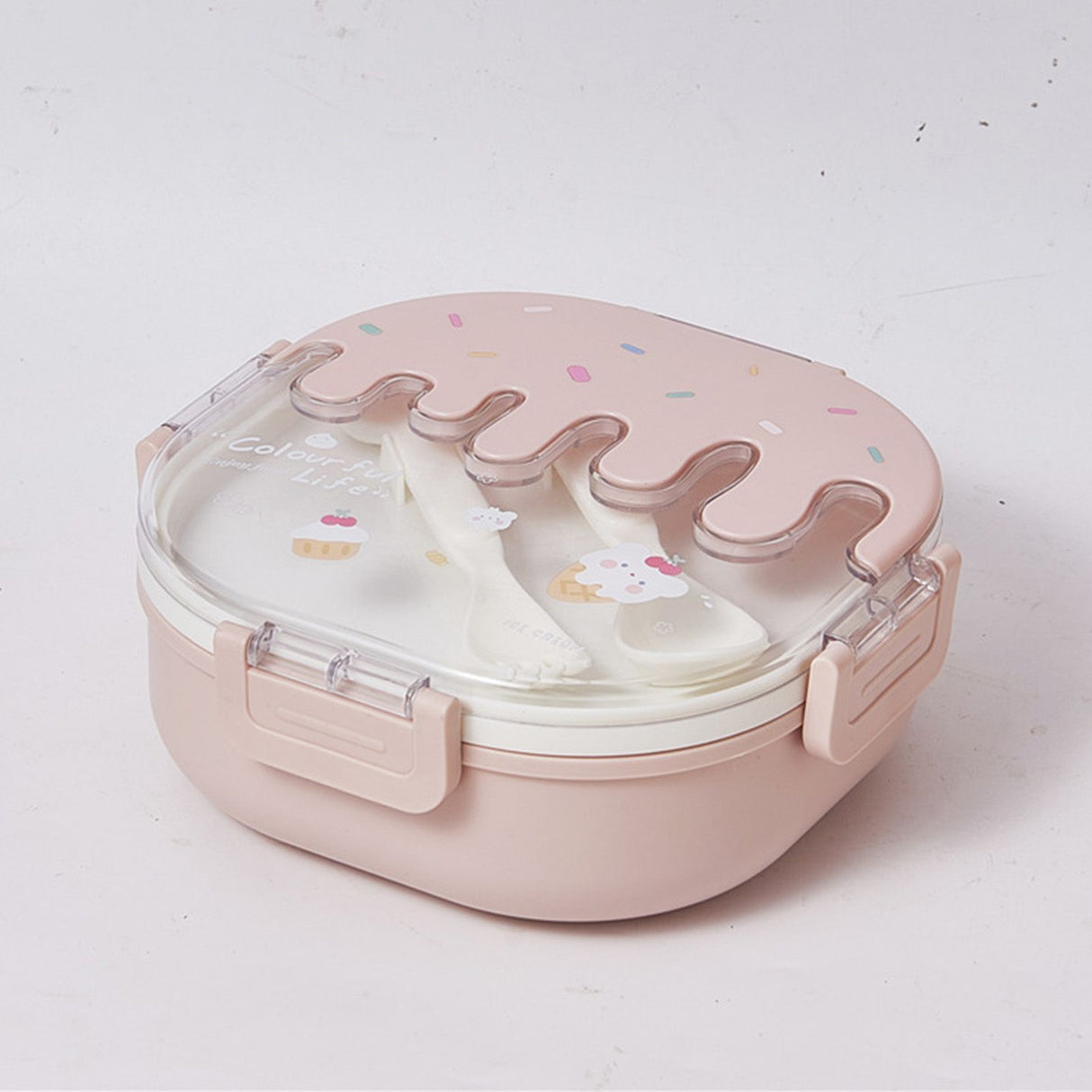 Bento Lunch Box for Kids Adults 3 Compartment Plastic Cute Ice Cream Lunch Snack Containers with Fork and Spoon for School Work Travel Pink