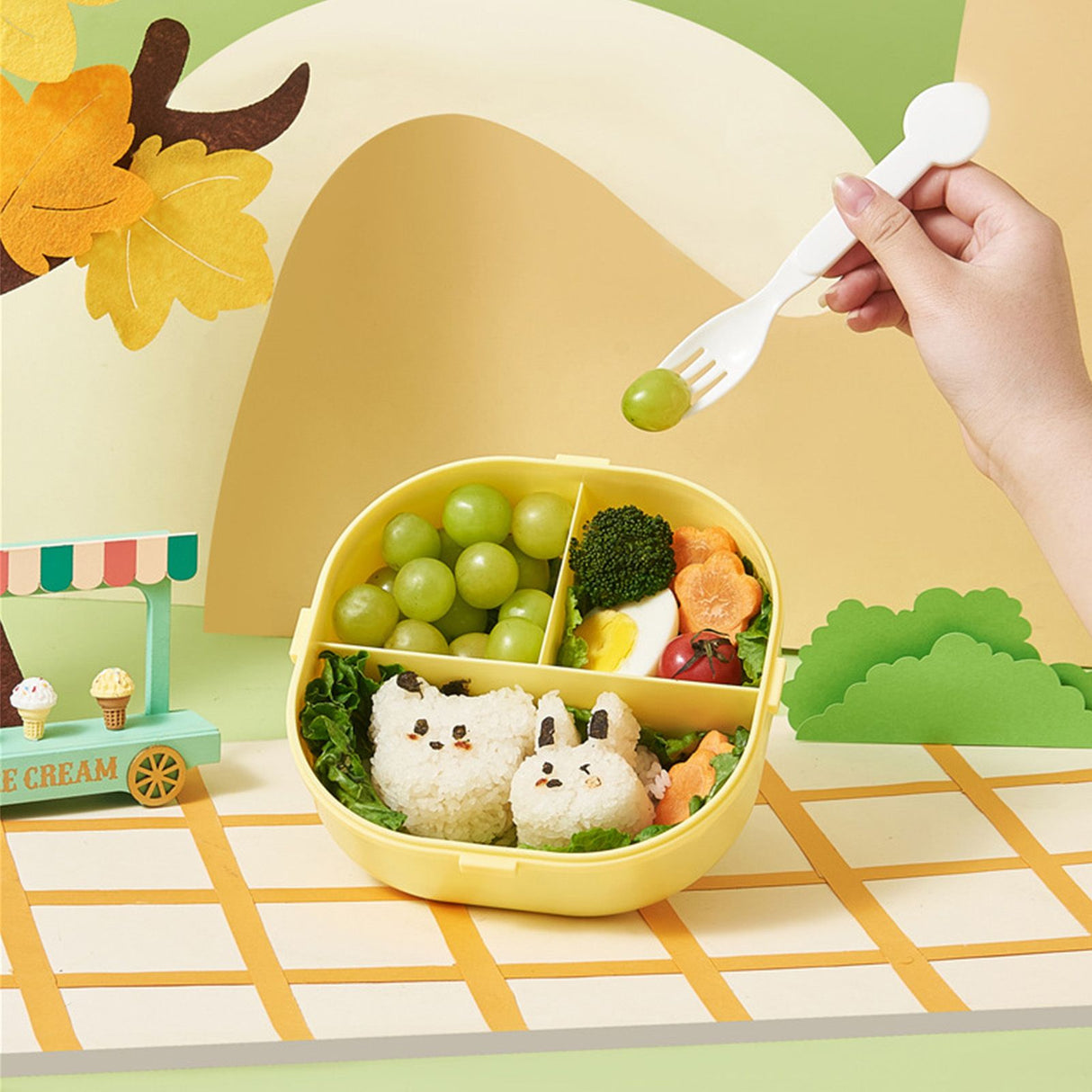 Bento Lunch Box for Kids Adults 3 Compartment Plastic Cute Ice Cream Lunch Snack Containers with Fork and Spoon for School Work Travel Yellow
