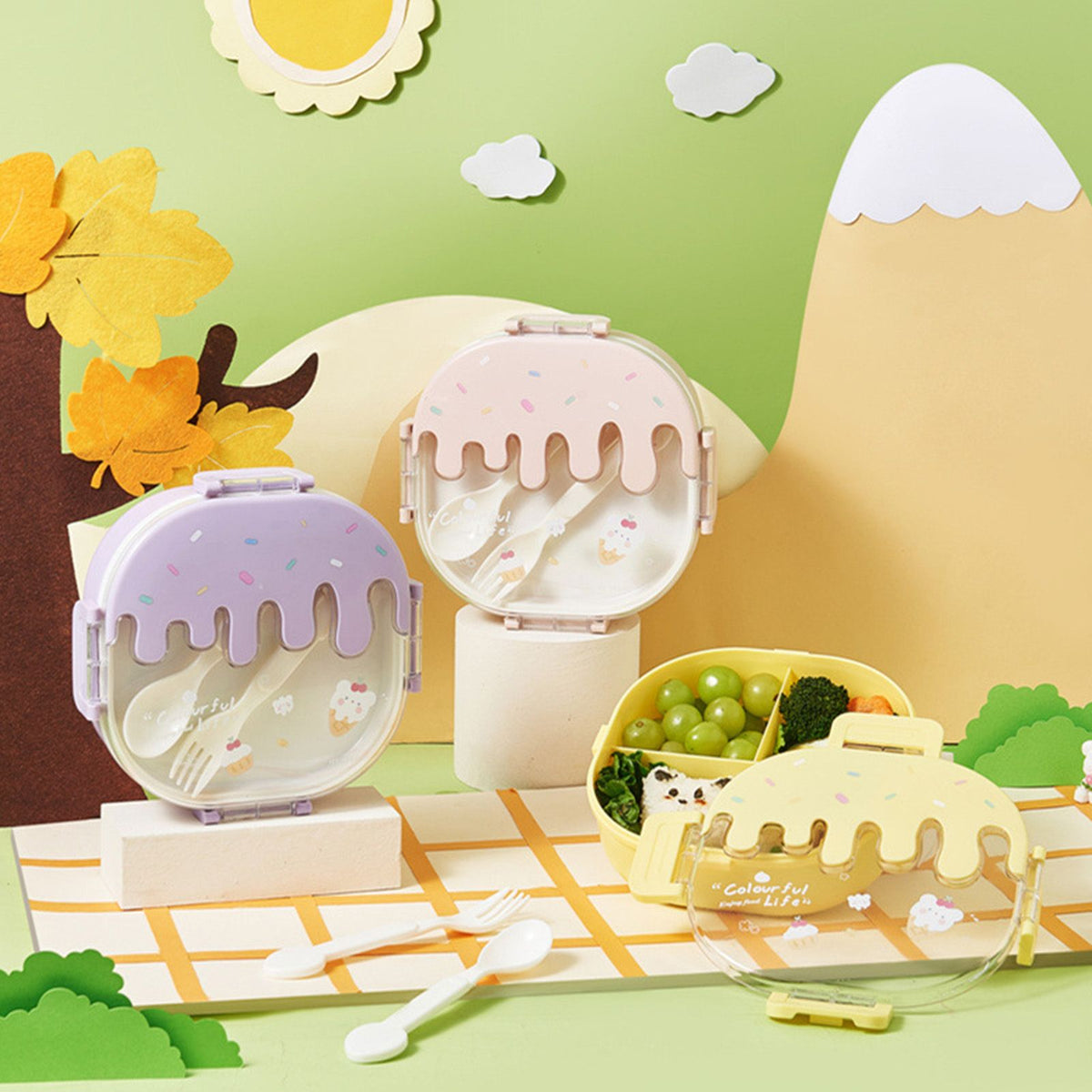 Bento Lunch Box for Kids Adults 3 Compartment Plastic Cute Ice Cream Lunch Snack Containers with Fork and Spoon for School Work Travel Yellow