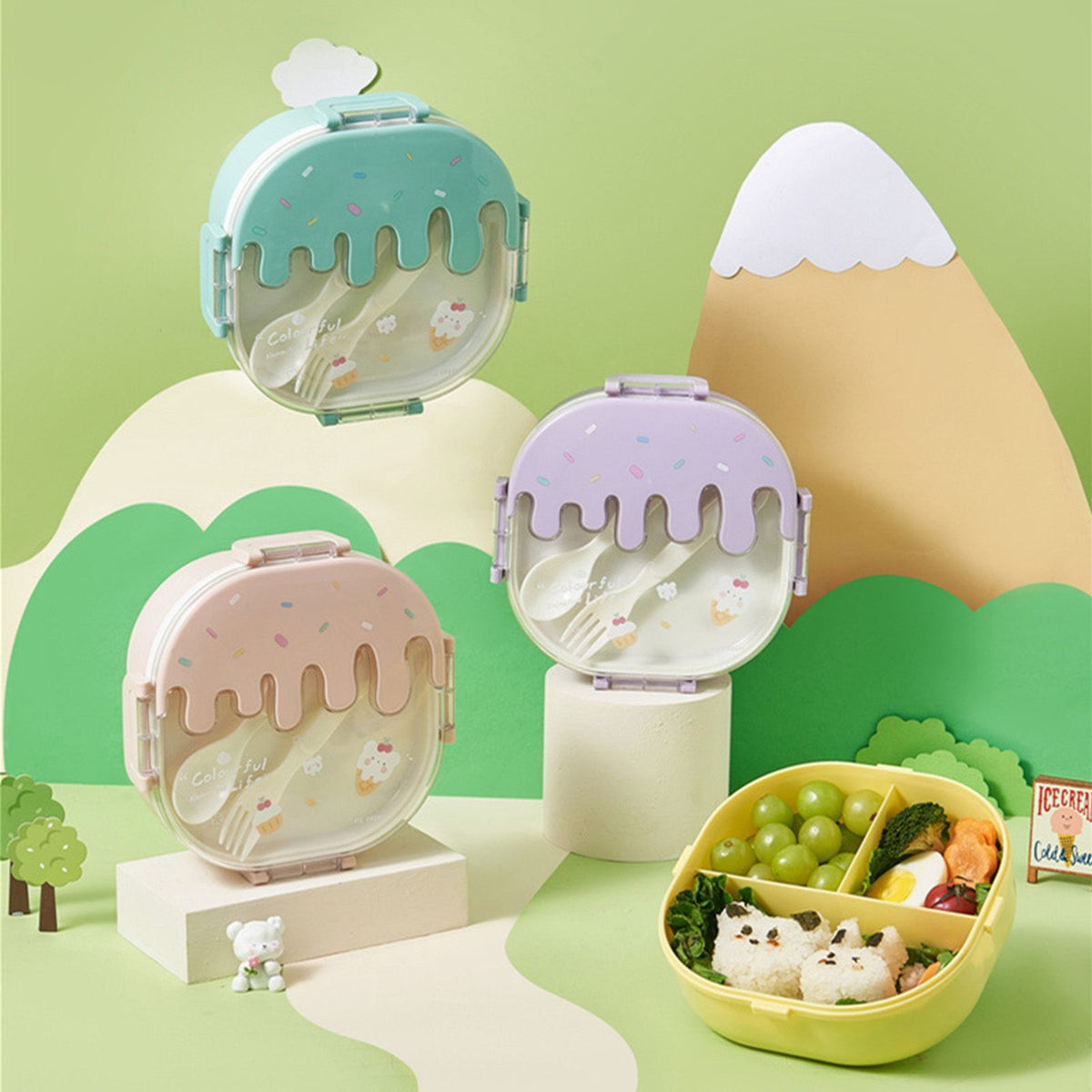 Bento Lunch Box for Kids Adults 3 Compartment Plastic Cute Ice Cream Lunch Snack Containers with Fork and Spoon for School Work Travel Yellow