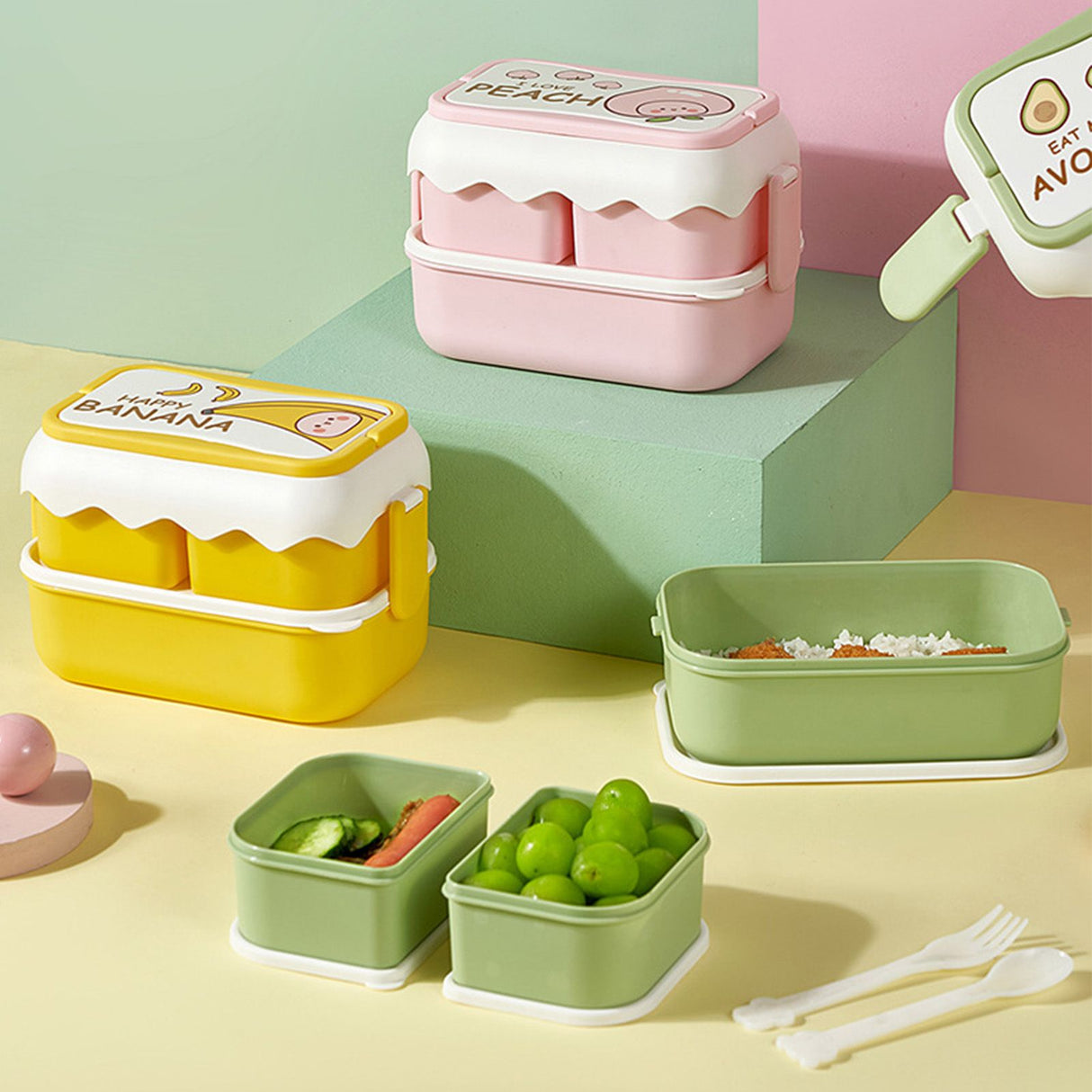 Cute Portable Students Lunch Box Microwaveable Children Cartoon Bento Box Independent Compartment Lunch Container Yellow
