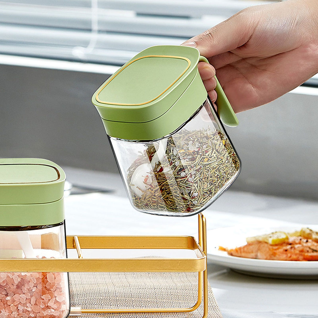 Spice Jar Glass Transparent Salt Sugar Pepper Seasoning Container Bottle for Home Kitchen Green