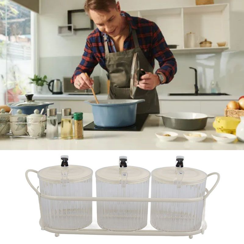 Spice Box Set Nordic Style Visual Innovative Household Movable Kitchen Spice Pot with Iron Rack and Spoon 3PCS Set