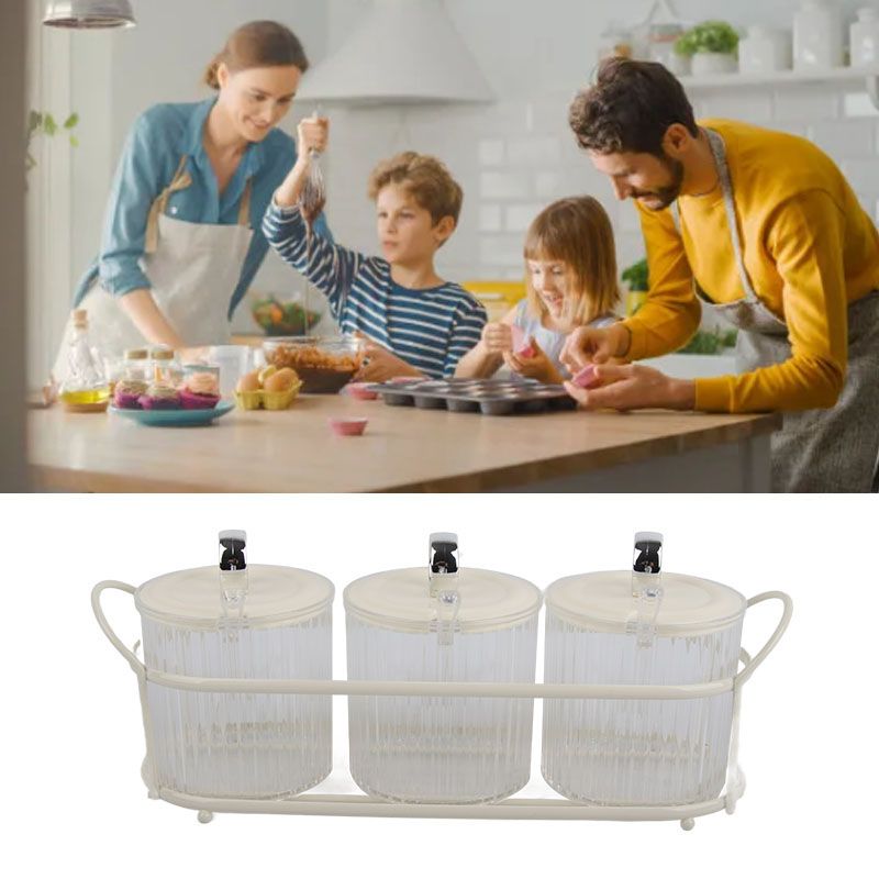 Spice Box Set Nordic Style Visual Innovative Household Movable Kitchen Spice Pot with Iron Rack and Spoon 3PCS Set