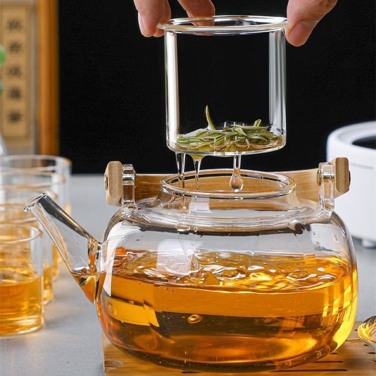Household Teapot 1000ml Large Capacity Multifunctional Borosilicate Teapot with Bamboo Handle