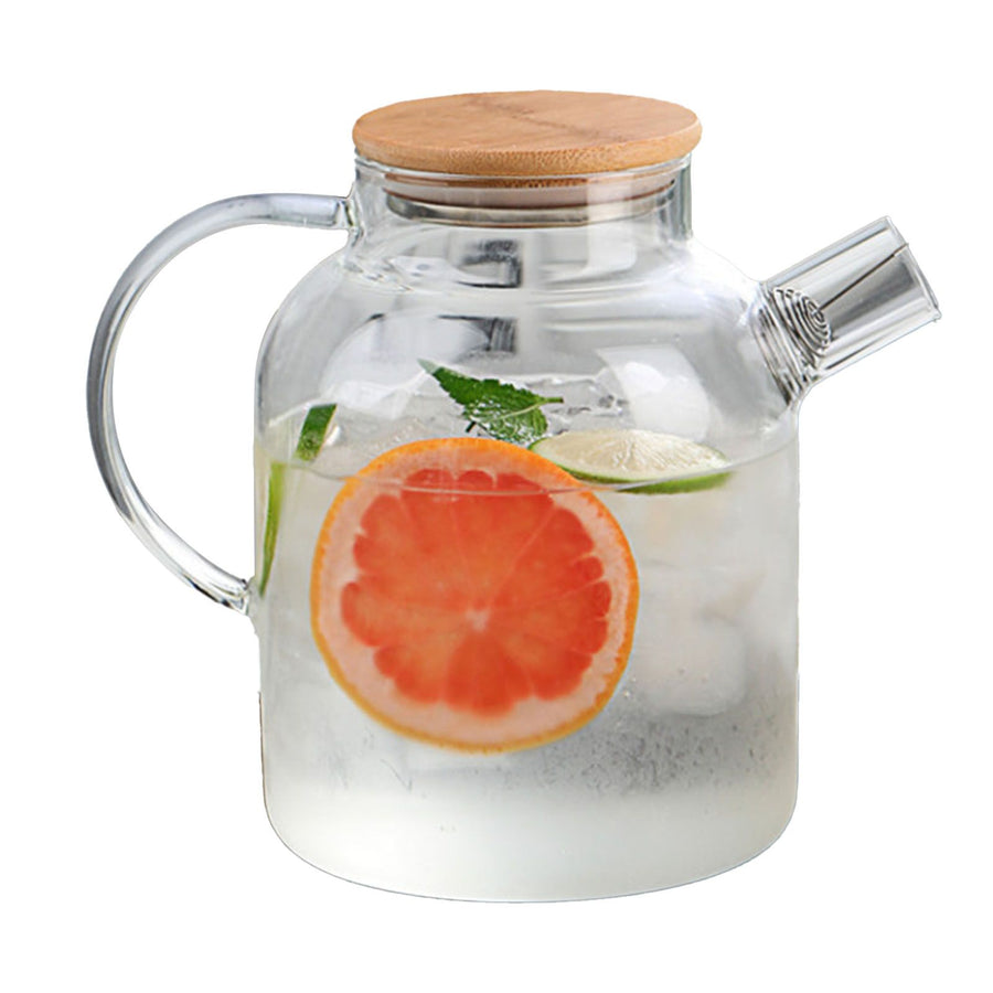 Water Pitcher 1800ml Glass Fridge Jug with Filter Whisk Wood Lid Heat Resistant Beverage Serveware for Drinks Tea Coffee
