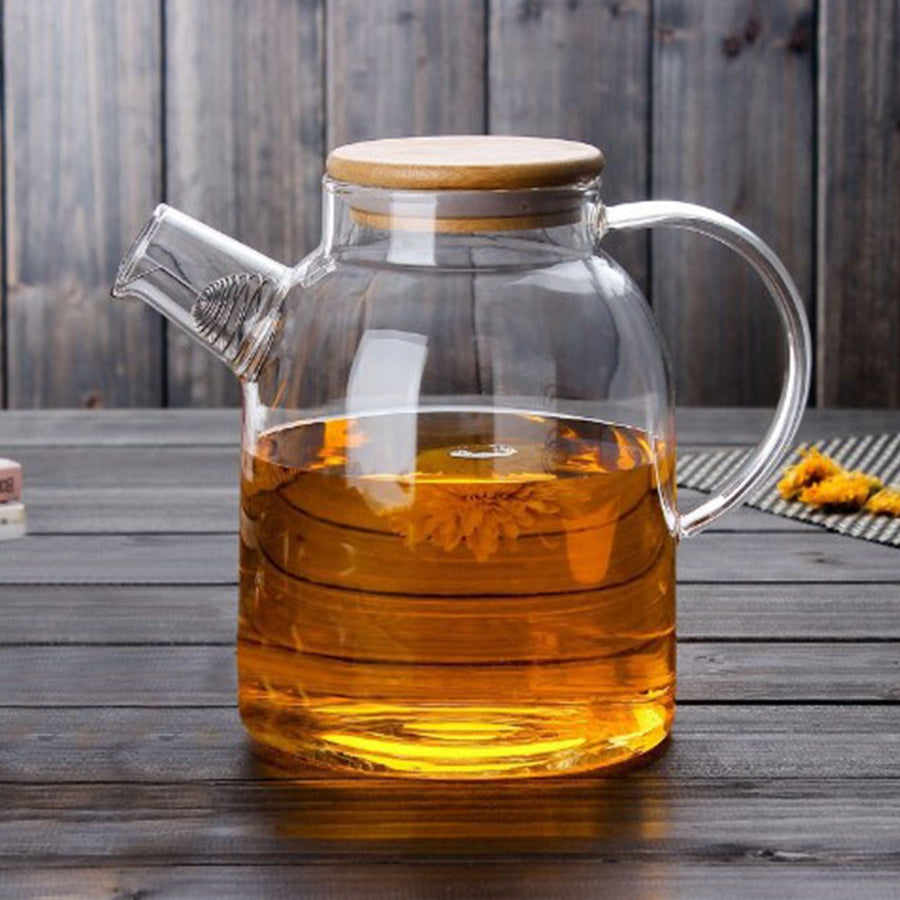 Water Pitcher 1800ml Glass Fridge Jug with Filter Whisk Wood Lid Heat Resistant Beverage Serveware for Drinks Tea Coffee