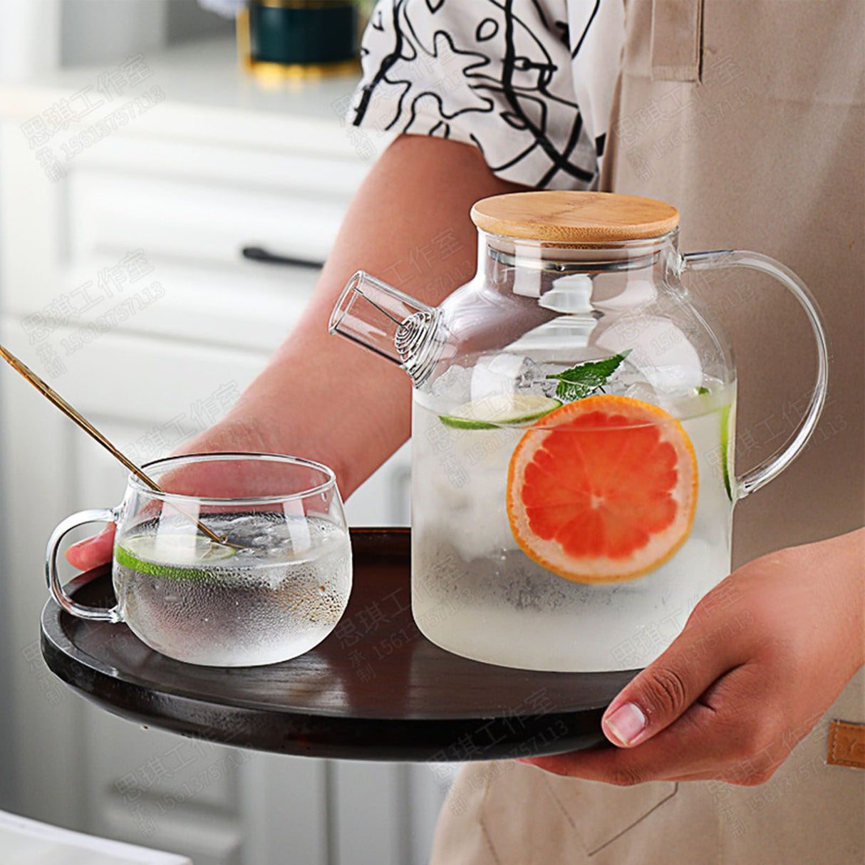 Water Pitcher 1800ml Glass Fridge Jug with Filter Whisk Wood Lid Heat Resistant Beverage Serveware for Drinks Tea Coffee
