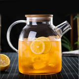 Water Pitcher 1800ml Glass Fridge Jug with Filter Whisk Wood Lid Heat Resistant Beverage Serveware for Drinks Tea Coffee