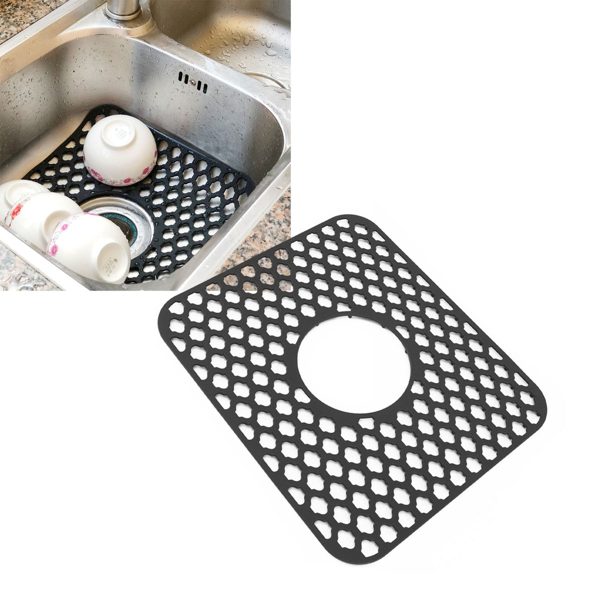 Sink Protector for Kitchen Silicone Non Slip Heat Resistant Mat for Bottom of Center Drain Sink Farmhouse Stainless Steel Porcelain Sink Black