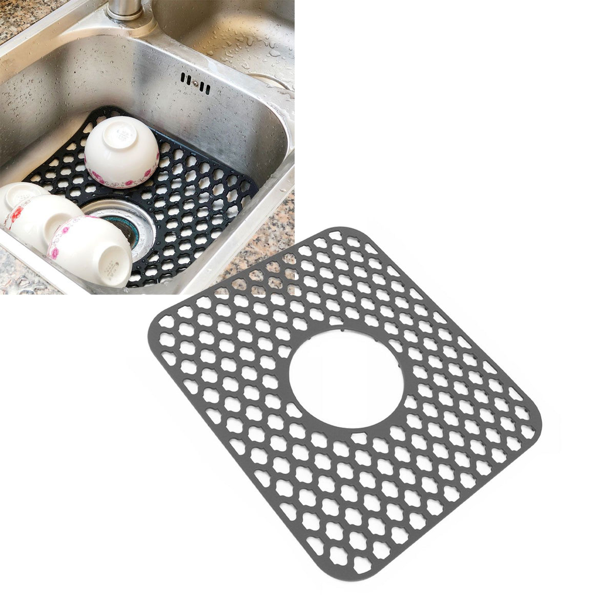 Sink Protector for Kitchen Silicone Non Slip Heat Resistant Mat for Bottom of Center Drain Sink Farmhouse Stainless Steel Porcelain Sink Grey