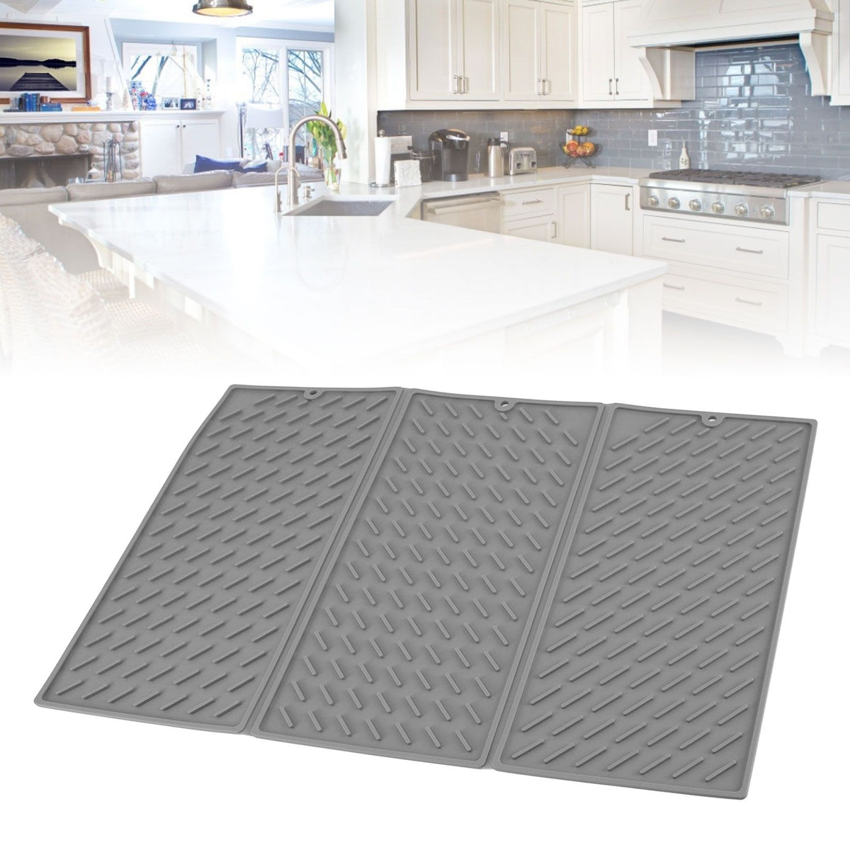 3 Fold Counter Foldable Drying Mat Silicone Fast Drying Waterproof Reusable Drying Kitchen Mat for Kitchen Bathroom Grey