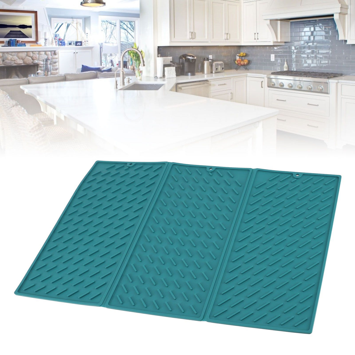 3 Fold Counter Foldable Drying Mat Silicone Fast Drying Waterproof Reusable Drying Kitchen Mat for Kitchen Bathroom Green