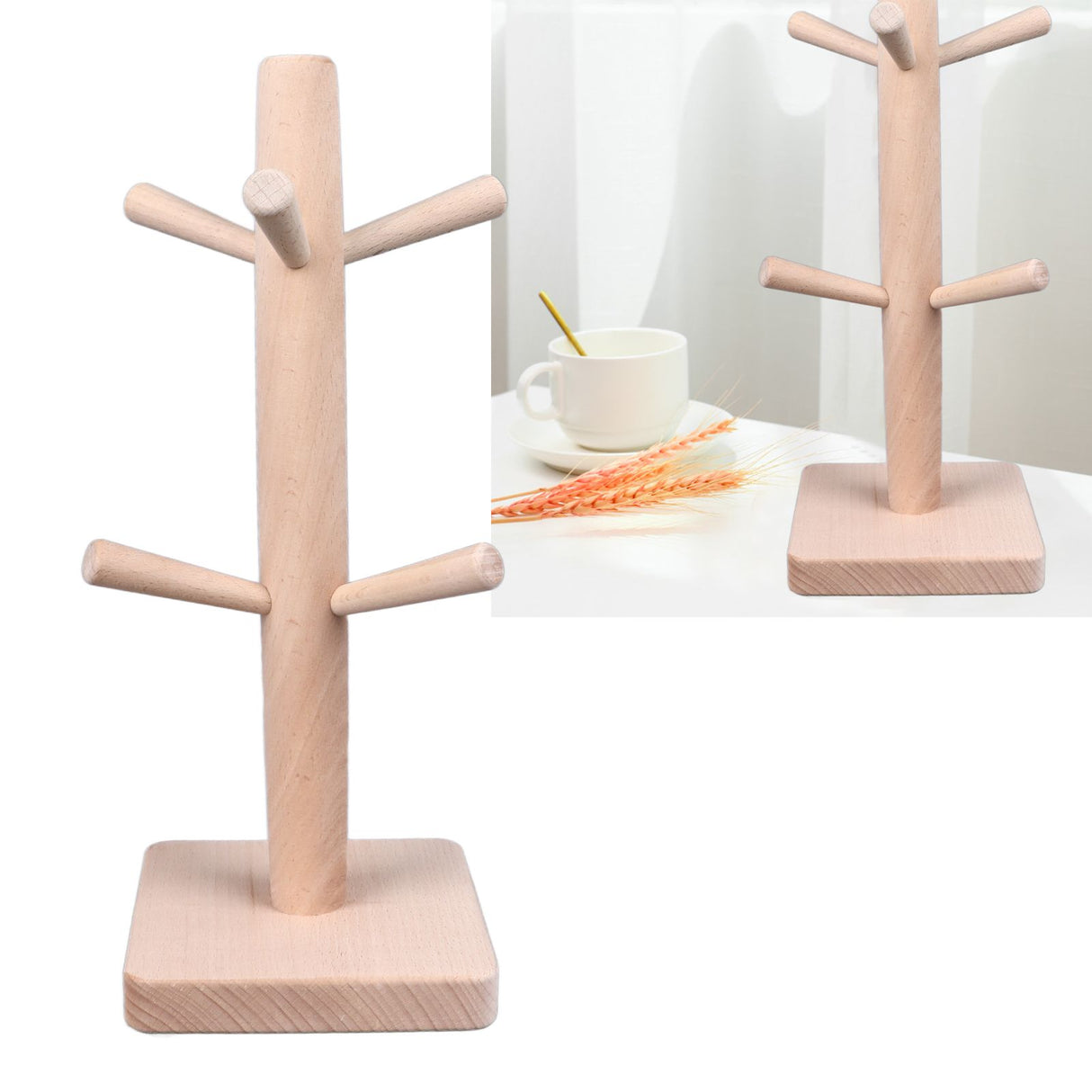 Mug Holder Tree Wood Hanger Stand with 6 Hooks Weighted Base Anti Slip Coffee Mug Rack for Kitchen Counter Cabinet