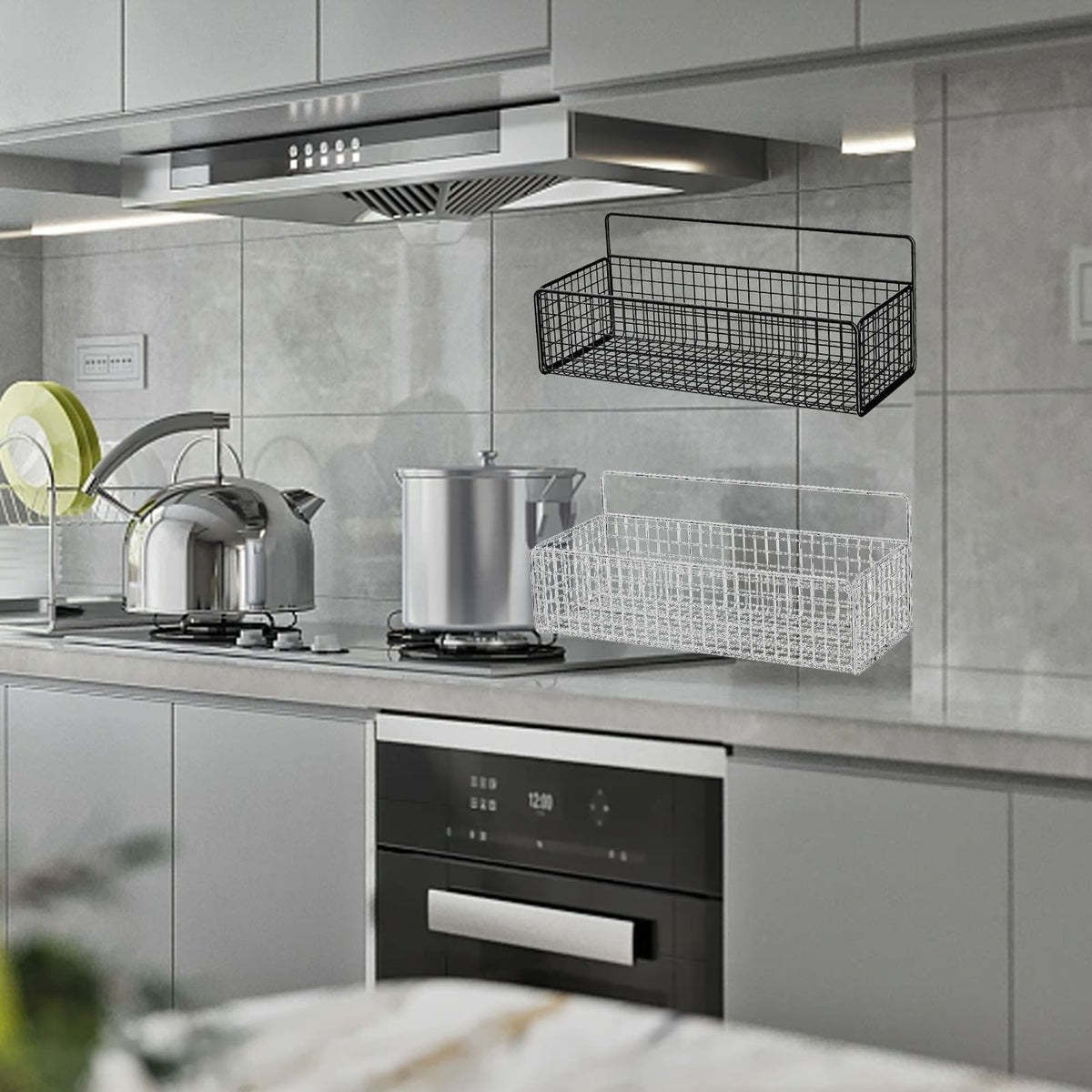 Kitchen Hanging Storage Rack Wall Mounted Storage Basket Punch Free Hanging Wall Organizer Baskets for Dormitory Bedroom White
