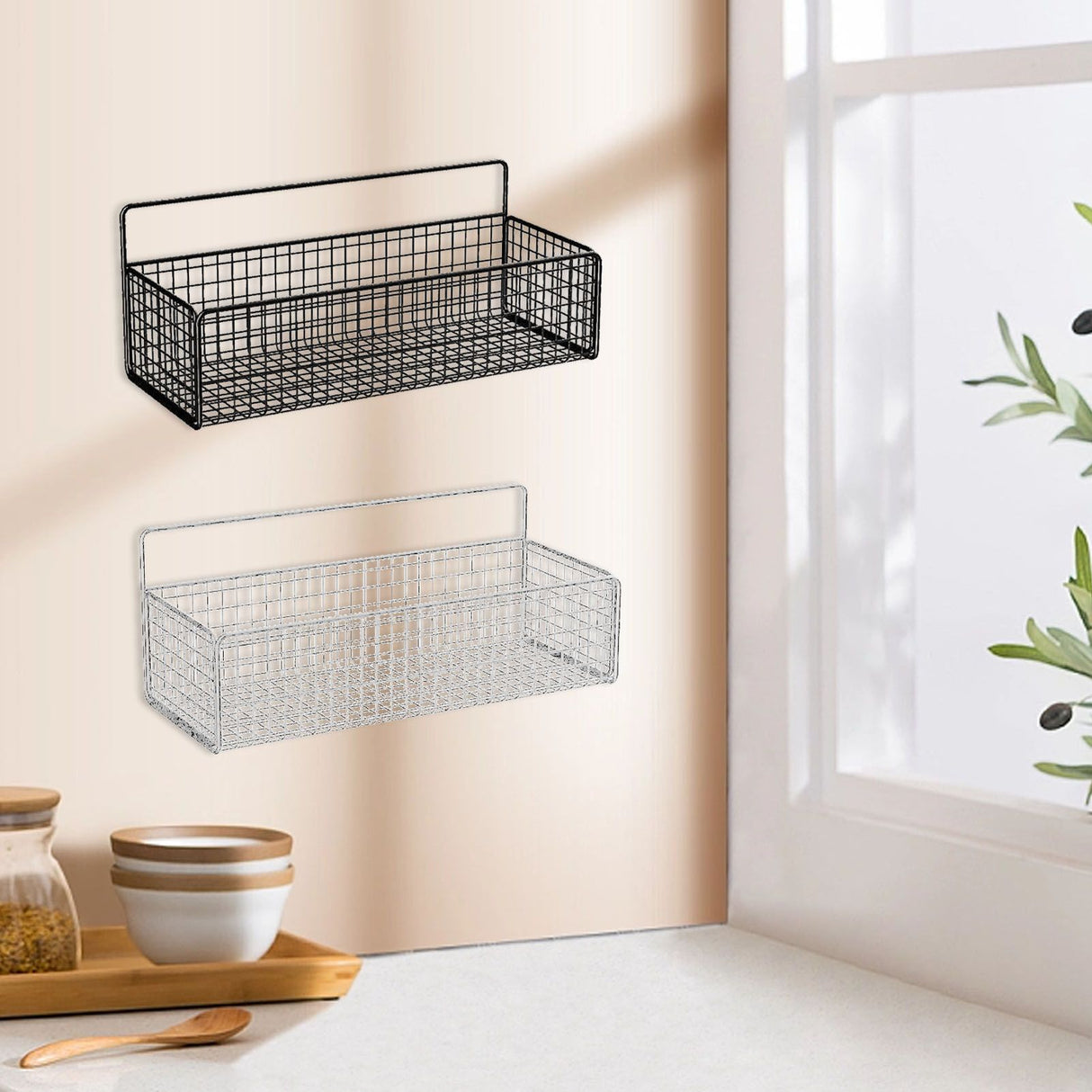 Kitchen Hanging Storage Rack Wall Mounted Storage Basket Punch Free Hanging Wall Organizer Baskets for Dormitory Bedroom White