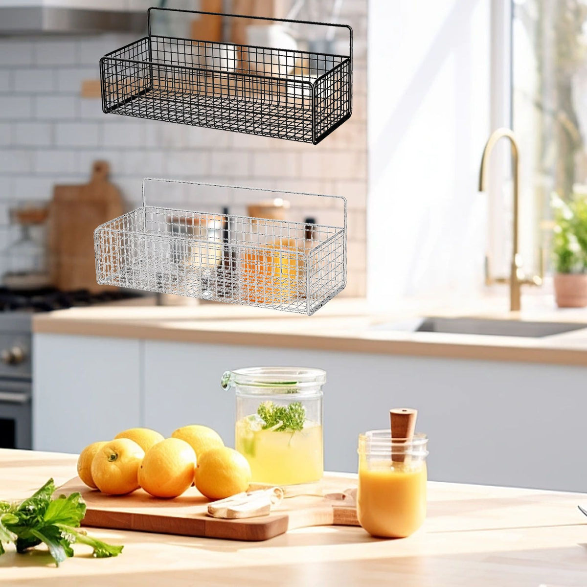 Kitchen Hanging Storage Rack Wall Mounted Storage Basket Punch Free Hanging Wall Organizer Baskets for Dormitory Bedroom White
