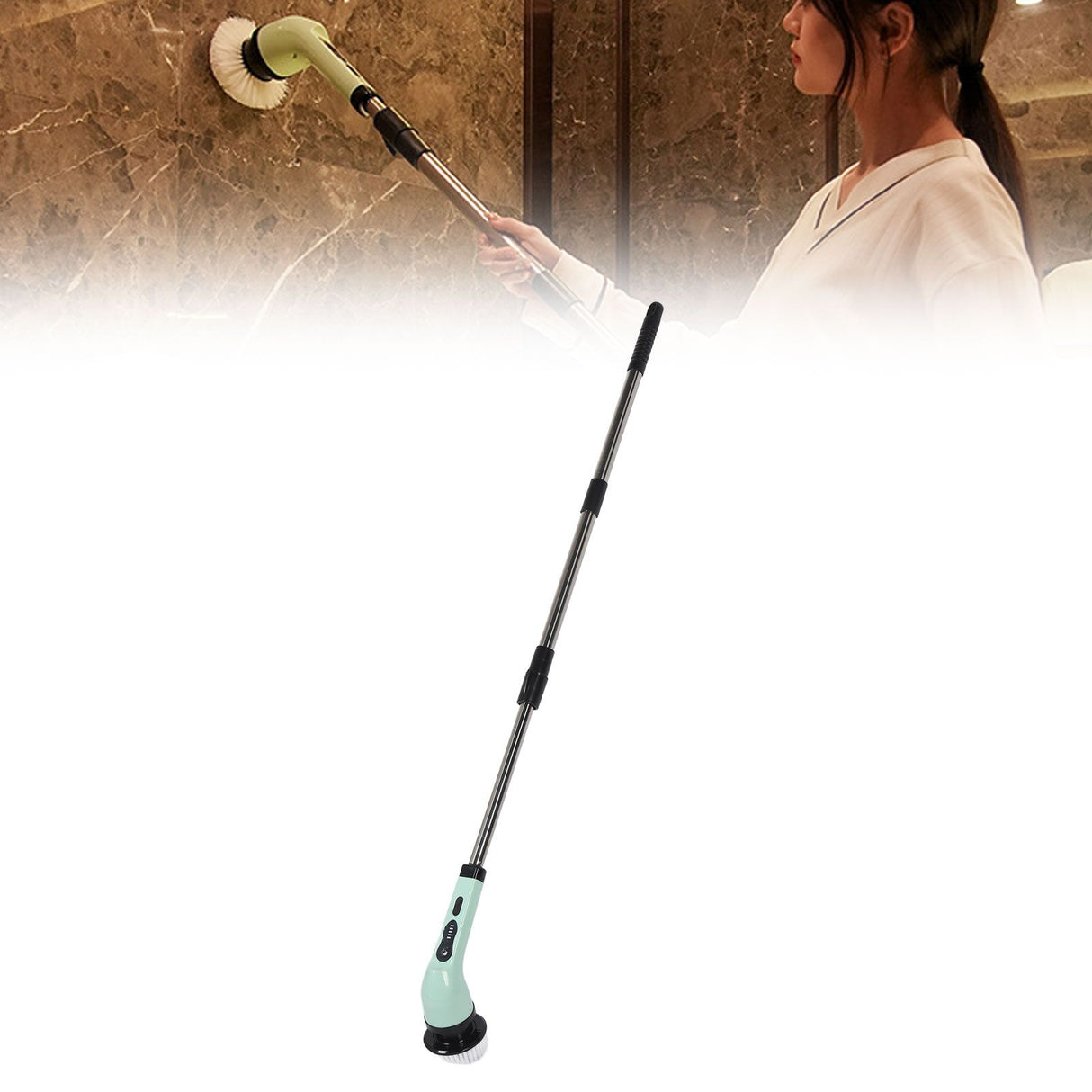 Electric Handheld Brush Adjustable Extension Handle Powerful Highly Efficient Labor Saving Electric Spin Scrubber for Bathroom Kitchen 6 Heads Green
