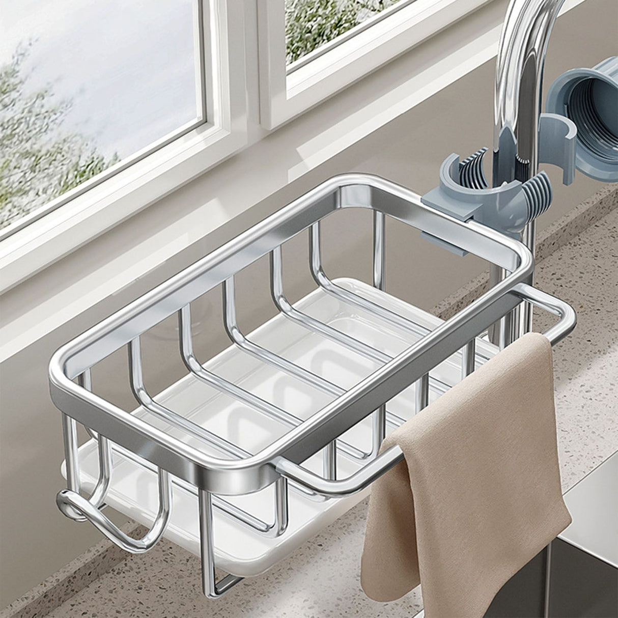 Kitchen Faucet Organizer Multifunctional Rustproof Sponge Dish Soap Brush Sink Caddy Holder with Drip Tray Silver