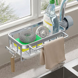 Kitchen Faucet Organizer Multifunctional Rustproof Sponge Dish Soap Brush Sink Caddy Holder with Drip Tray Silver - Rear View