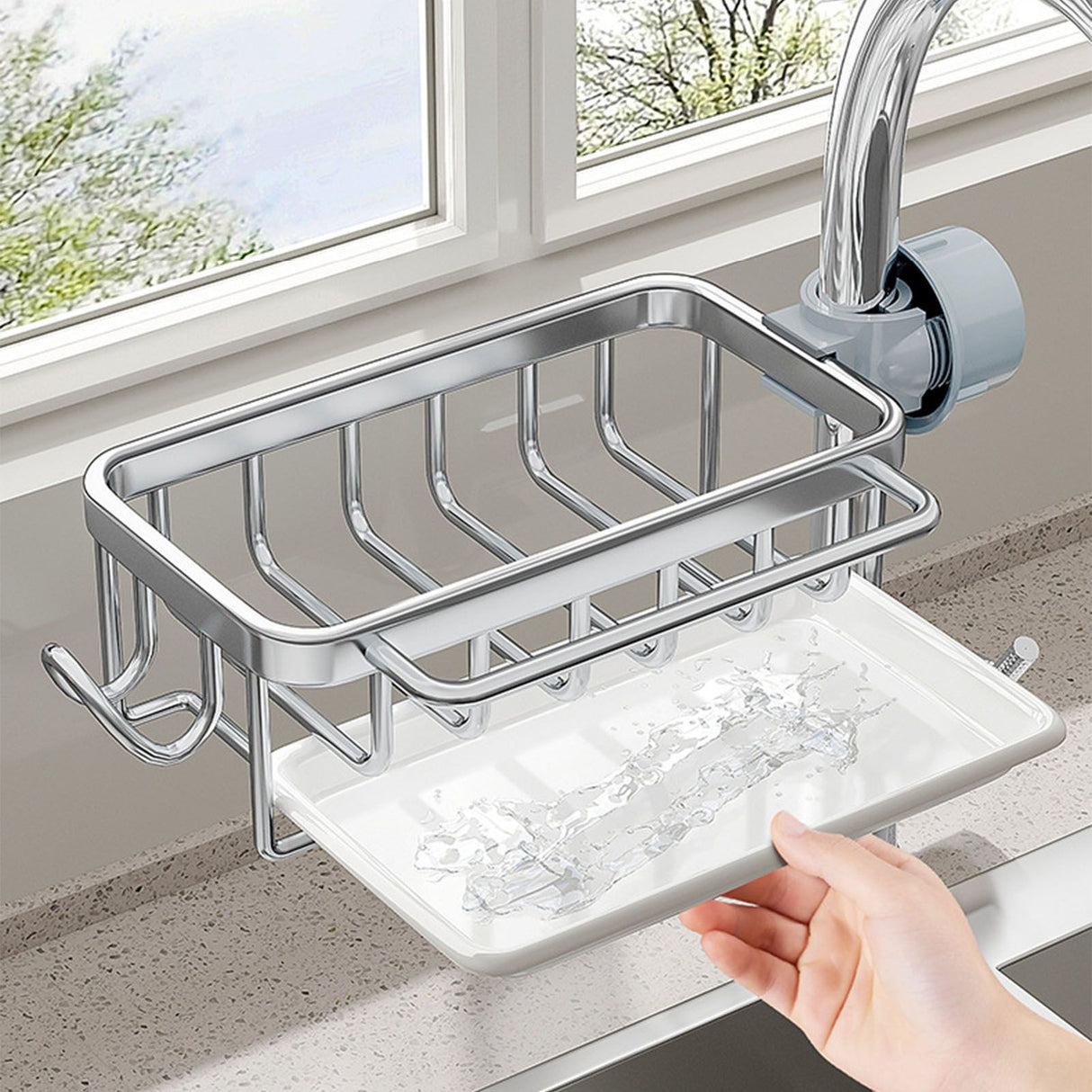 Kitchen Faucet Organizer Multifunctional Rustproof Sponge Dish Soap Brush Sink Caddy Holder with Drip Tray Silver