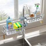 Kitchen Faucet Organizer Multifunctional Rustproof Sponge Dish Soap Brush Sink Caddy Holder with Drip Tray Silver
