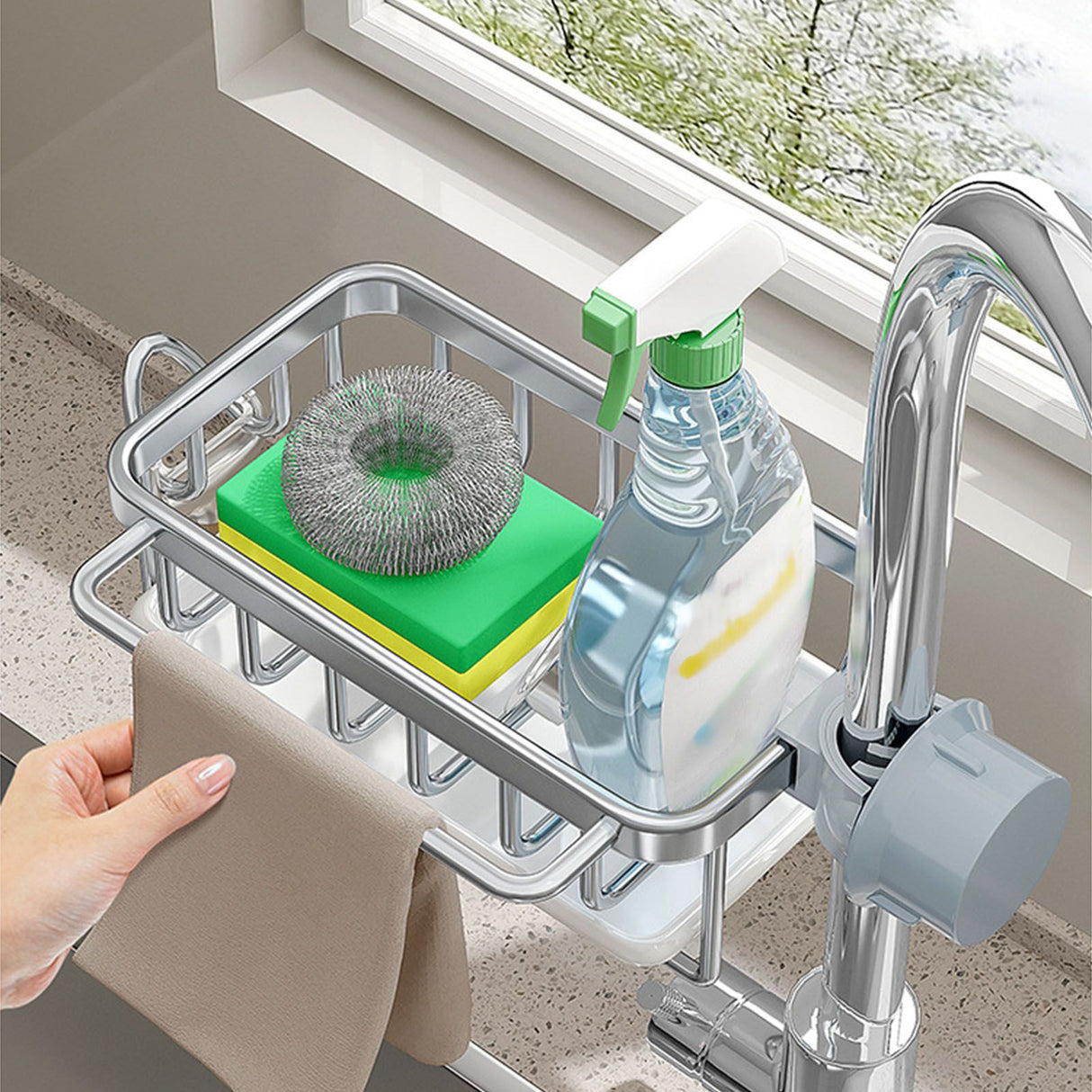 Kitchen Faucet Organizer Multifunctional Rustproof Sponge Dish Soap Brush Sink Caddy Holder with Drip Tray Silver