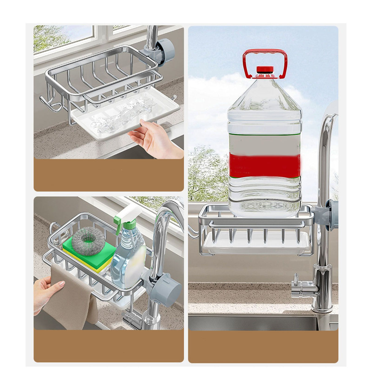 Kitchen Faucet Organizer Multifunctional Rustproof Sponge Dish Soap Brush Sink Caddy Holder with Drip Tray Silver