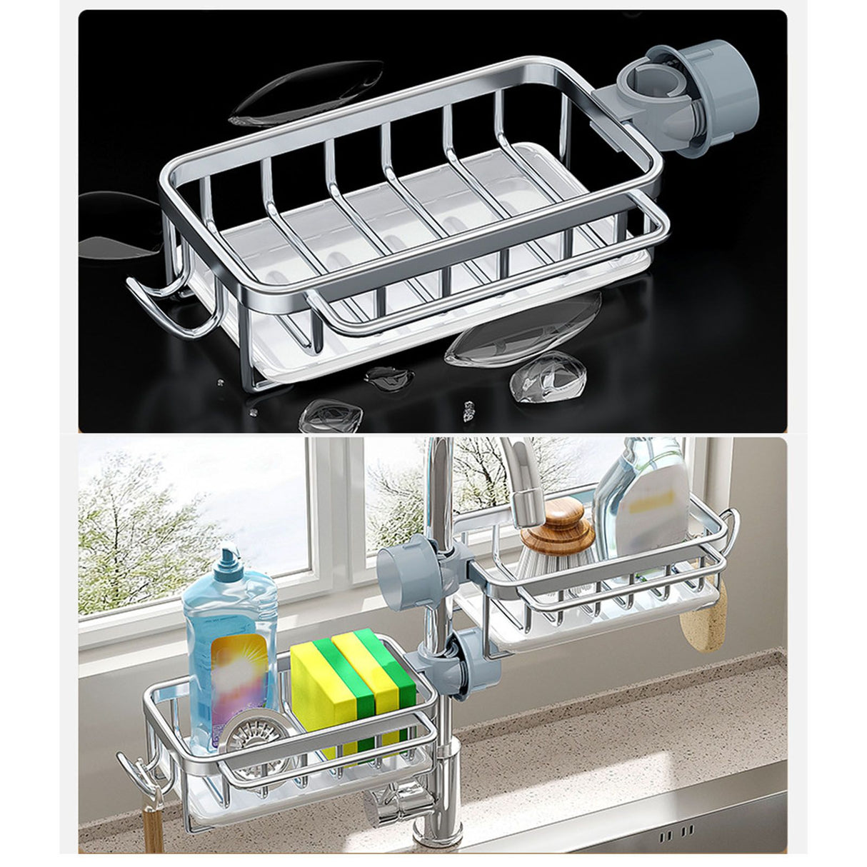 Kitchen Faucet Organizer Multifunctional Rustproof Sponge Dish Soap Brush Sink Caddy Holder with Drip Tray Silver