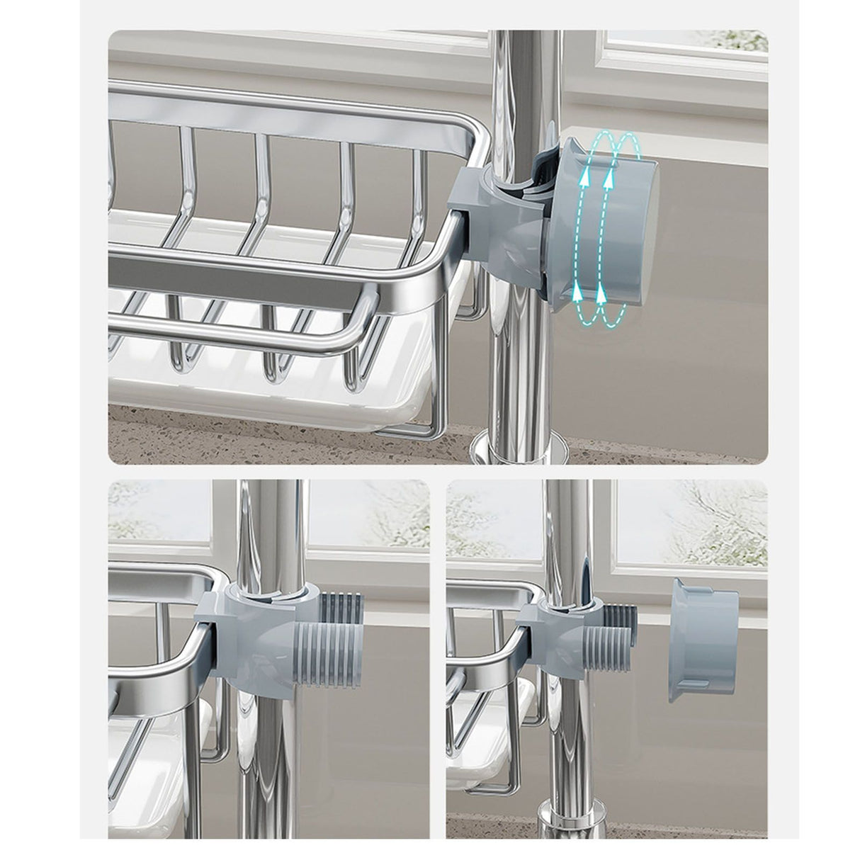 Kitchen Faucet Organizer Multifunctional Rustproof Sponge Dish Soap Brush Sink Caddy Holder with Drip Tray Silver