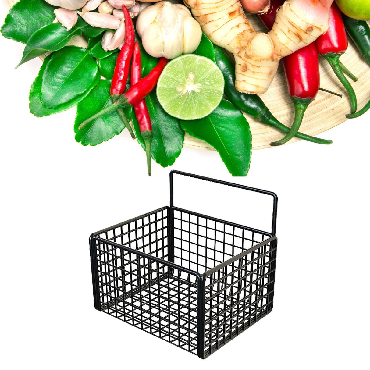 Wall Mounted Storage Basket No Drilling Adhesive Metal Wire Hanging Basket for Kitchen Food Pantry Bathroom Organization Black