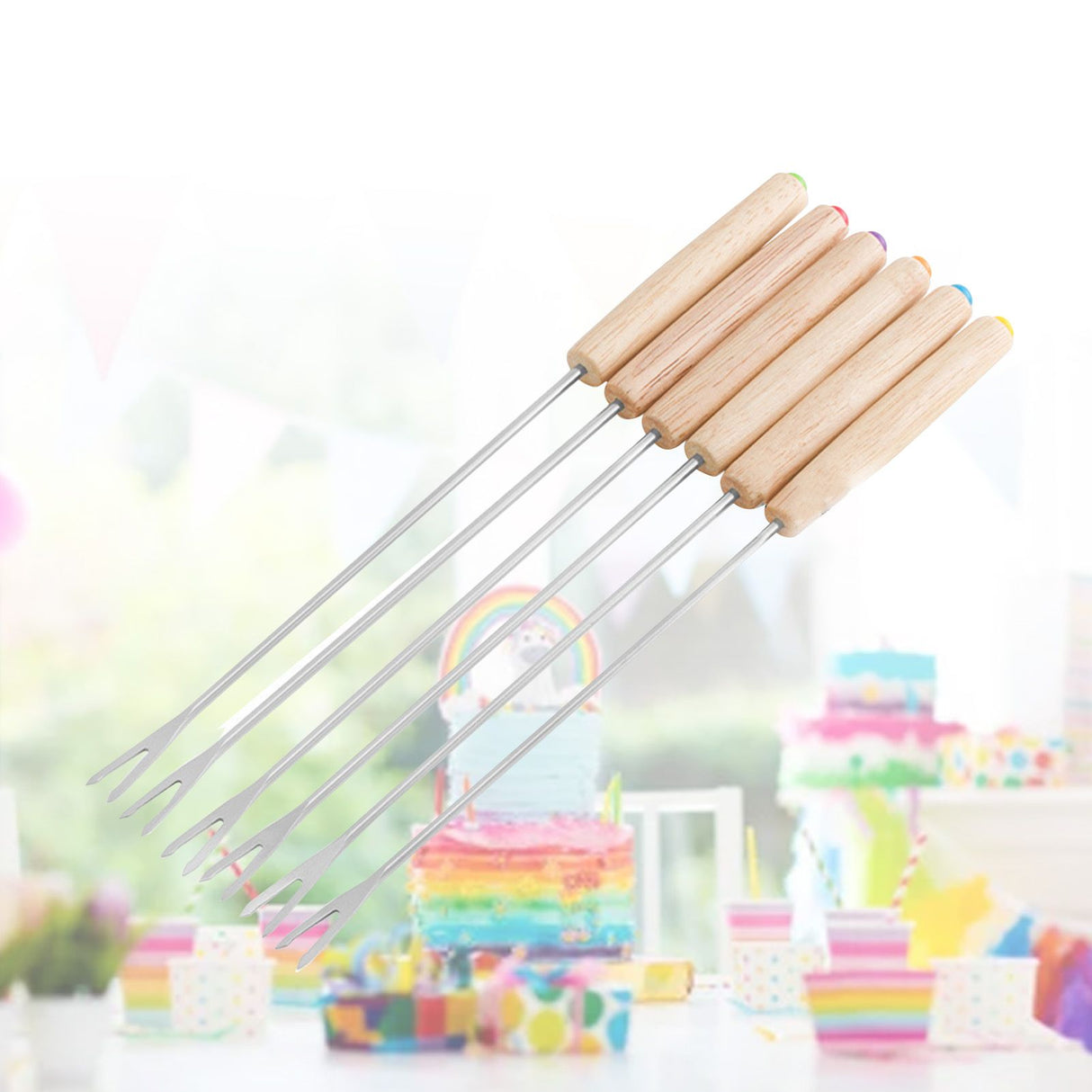 6pcs Stainless Steel Fondue Forks Cheese Fondue Sticks Smore Sticks with Wooden Handle Heat Resistant for Chocolate Cheese