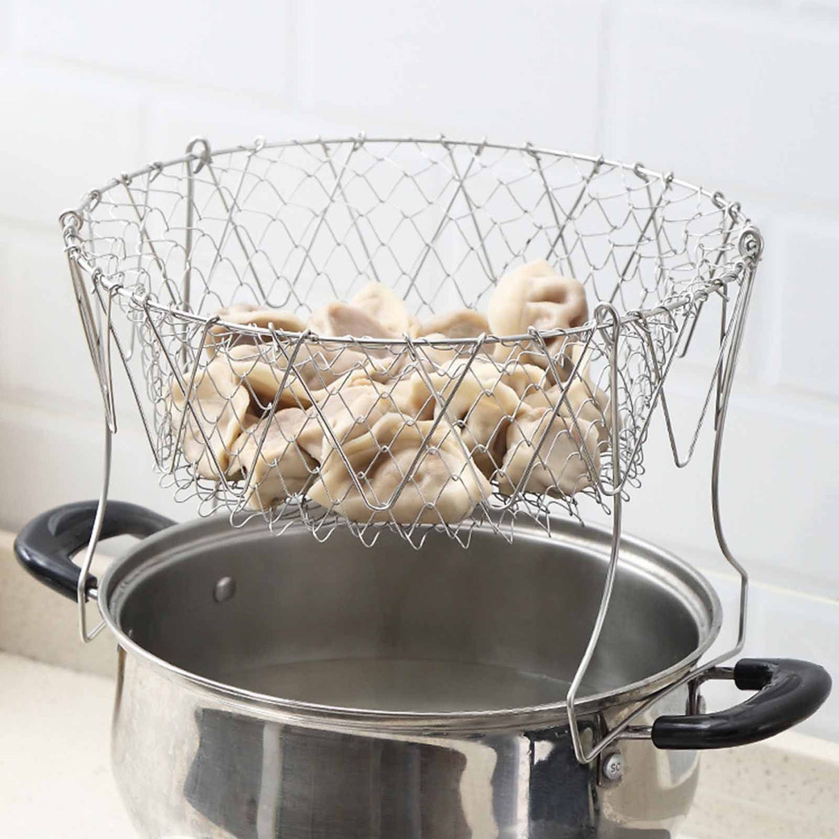 Stainless Steel Frying Basket Foldable Moderate Mesh Density Versatile Cooking Strainer Net for Kitchen