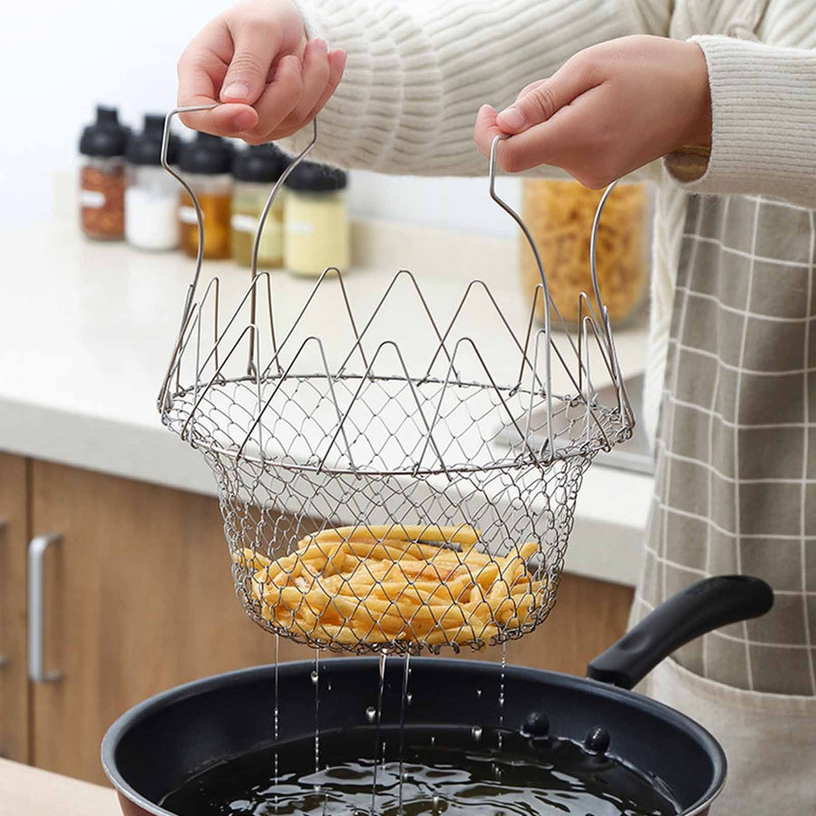 Stainless Steel Frying Basket Foldable Moderate Mesh Density Versatile Cooking Strainer Net for Kitchen