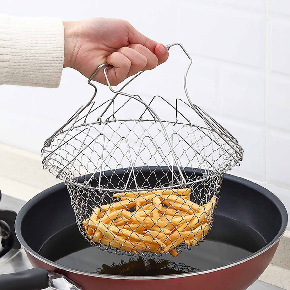 Stainless Steel Frying Basket Foldable Moderate Mesh Density Versatile Cooking Strainer Net for Kitchen