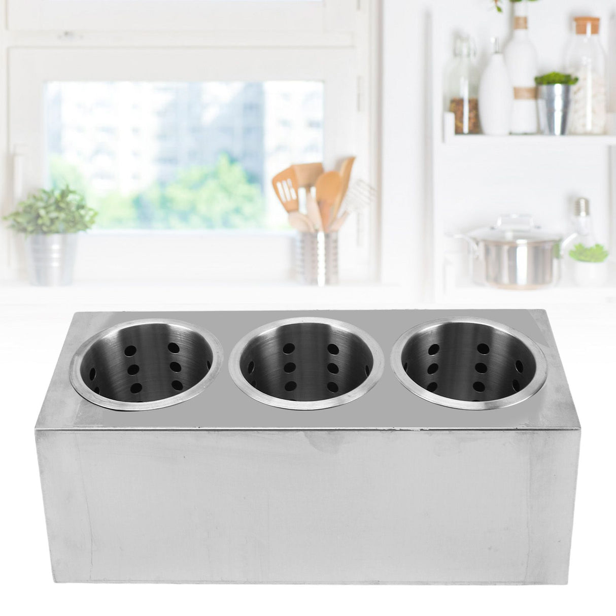 Kitchen Utensil Holder Multi Functional Non Slip Bottom Stainless Steel Knife Fork Storage Bucket 3 Holes