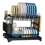 Dish Drying Rack for Countertop Aluminum 2 Tier Dish Rack with Drainboard and Utensil Holder for Kitchen Organization Black - Front View