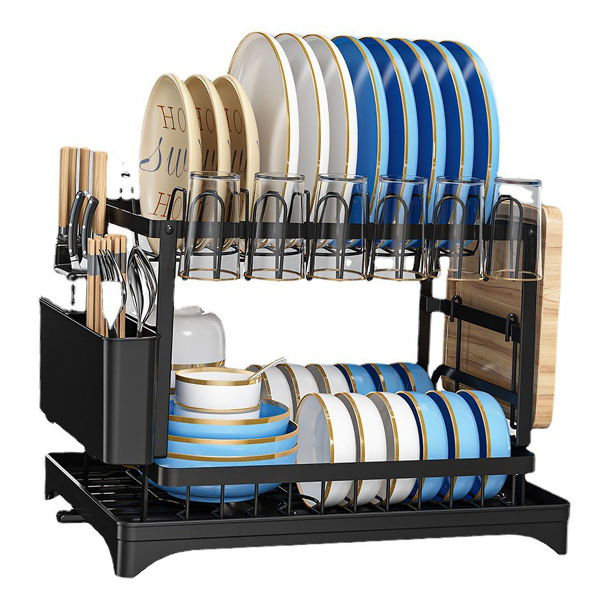Dish Drying Rack for Countertop Aluminum 2 Tier Dish Rack with Drainboard and Utensil Holder for Kitchen Organization Black