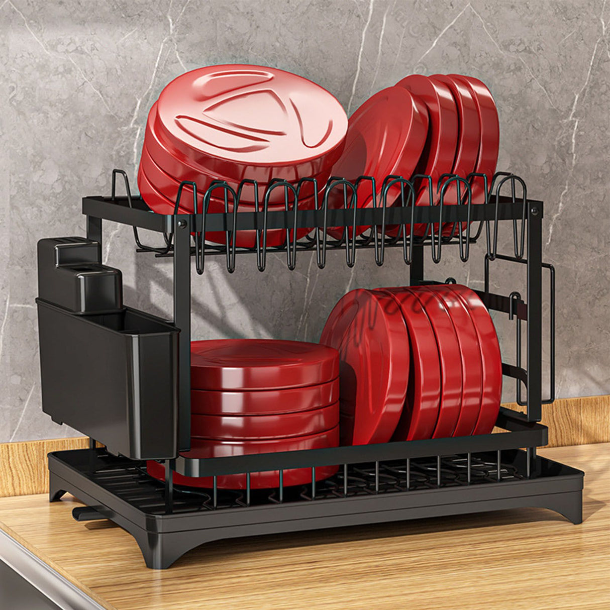 Dish Drying Rack for Countertop Aluminum 2 Tier Dish Rack with Drainboard and Utensil Holder for Kitchen Organization Black