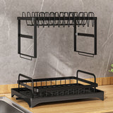 Dish Drying Rack for Countertop Aluminum 2 Tier Dish Rack with Drainboard and Utensil Holder for Kitchen Organization Black - Close-Up Angle