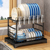 Dish Drying Rack for Countertop Aluminum 2 Tier Dish Rack with Drainboard and Utensil Holder for Kitchen Organization Black