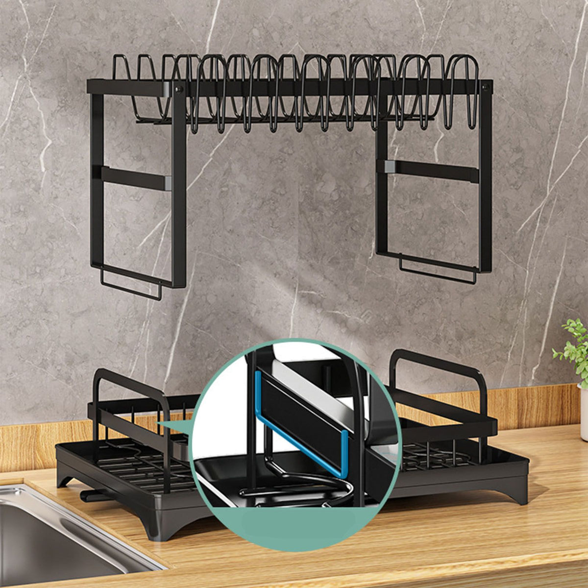 Dish Drying Rack for Countertop Aluminum 2 Tier Dish Rack with Drainboard and Utensil Holder for Kitchen Organization Black