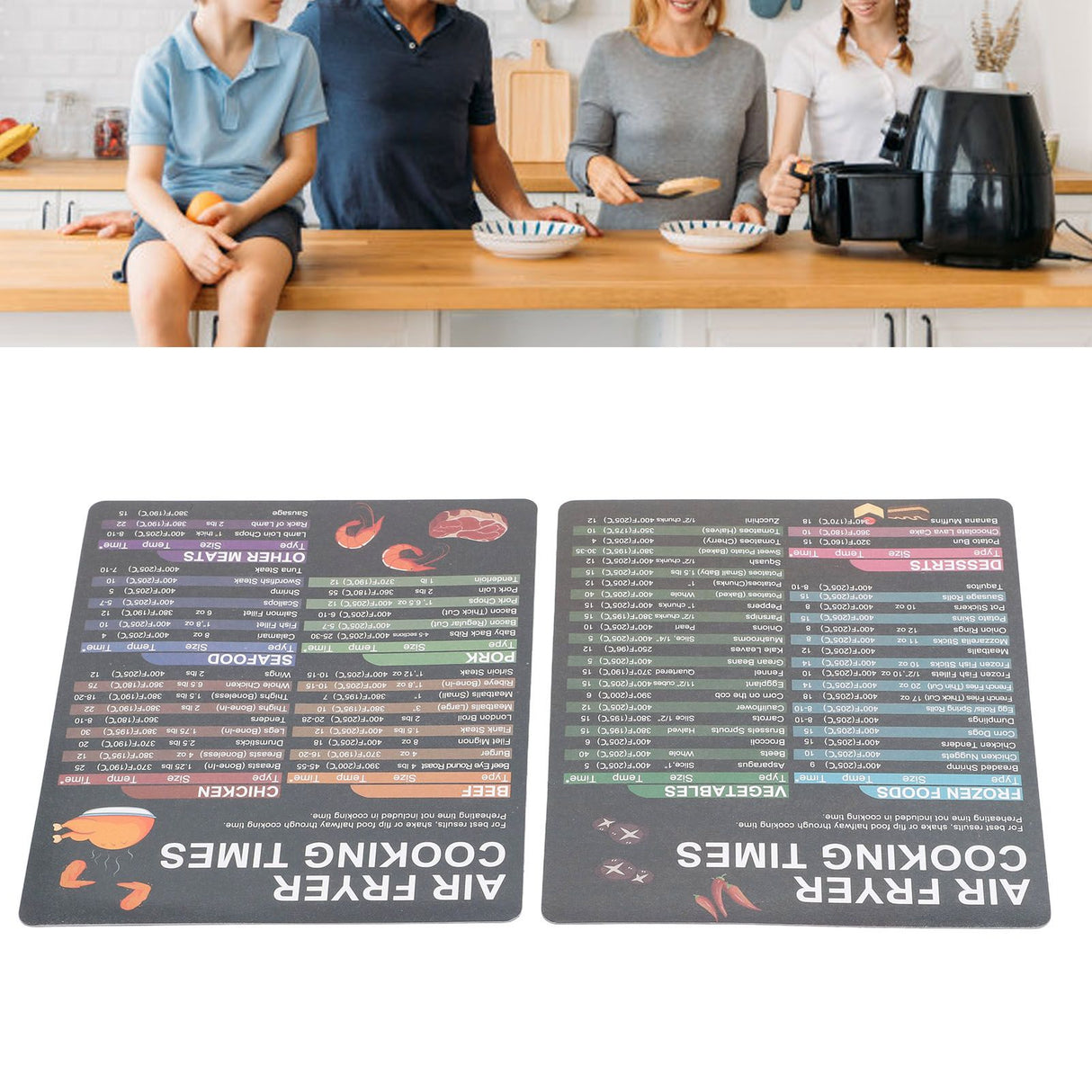 2PCS Fryer Cheat Sheet Magnetic Cooking Times Chart Easy to Read Reference Guide Water Oil Resistant Fryer Accessory for Kitchen